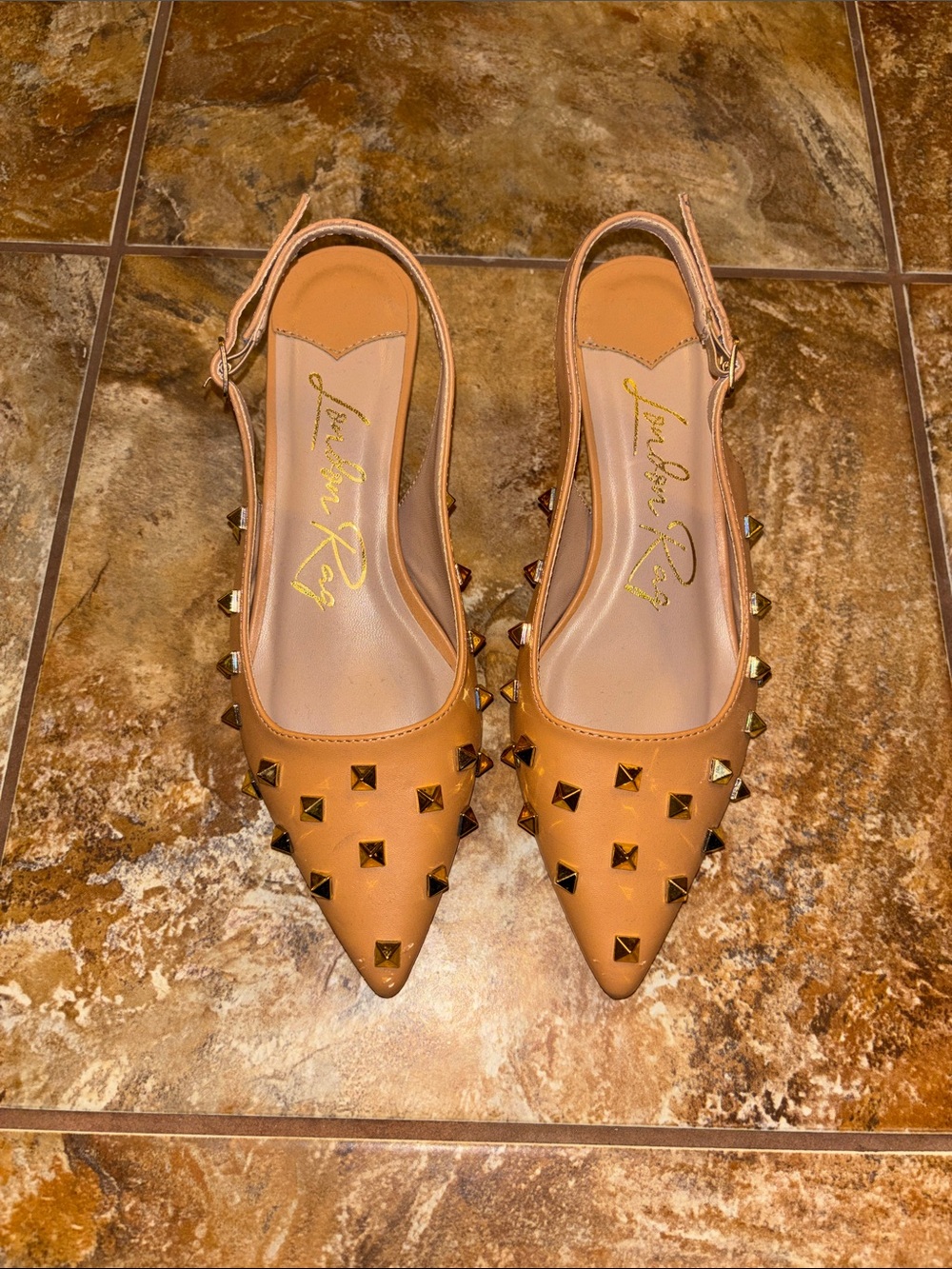 Studded Pointed-Toe Slingback Flats in Tan